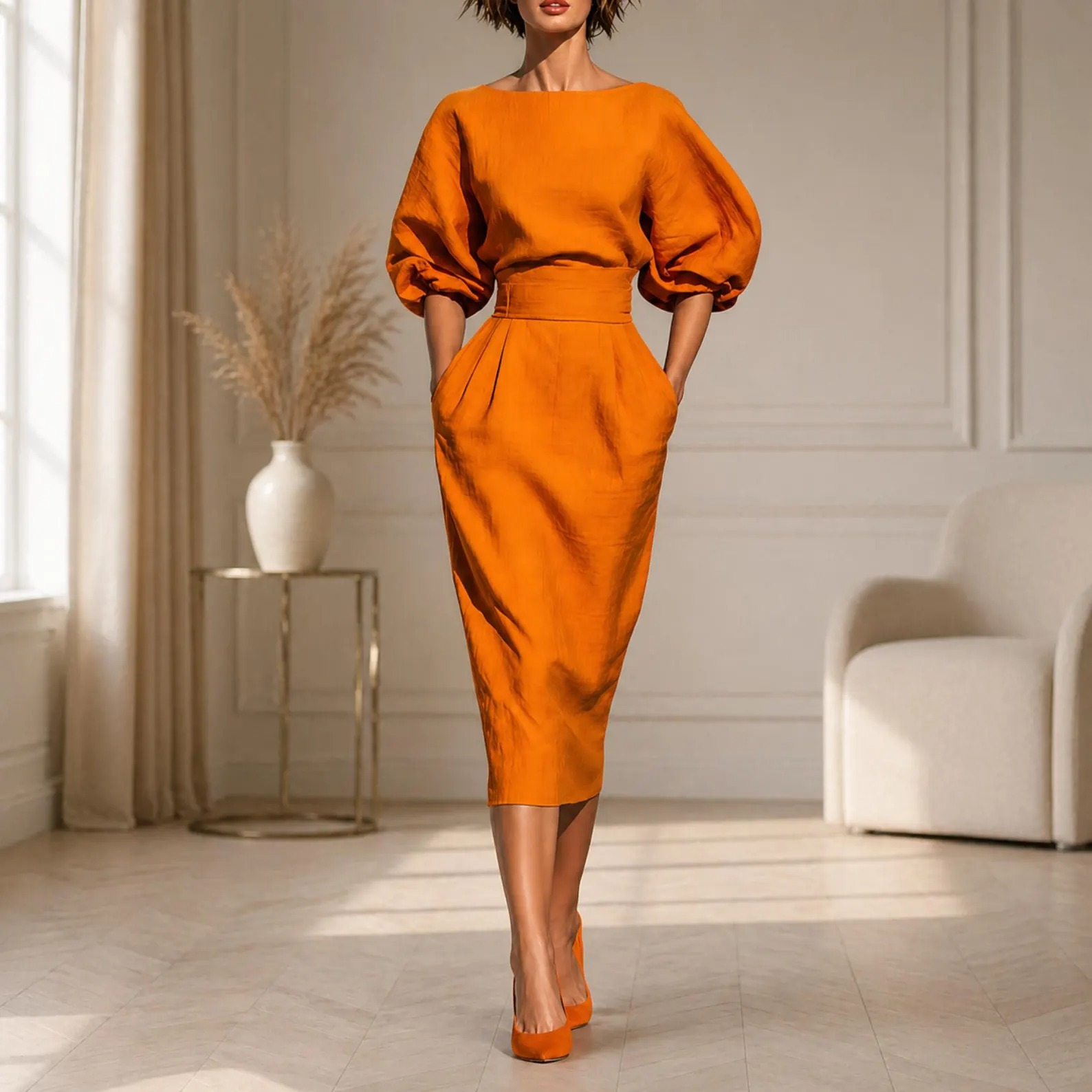 Rochie midi portocalie cu mâneci bufante și talie marcată